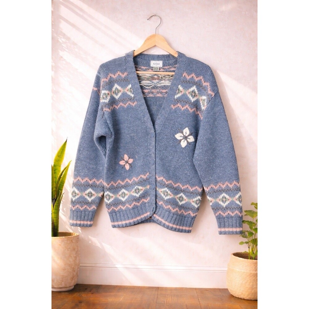 Vintage 90s Floral Southwest Knit Cardigan Blue Pink Boho Sweater M